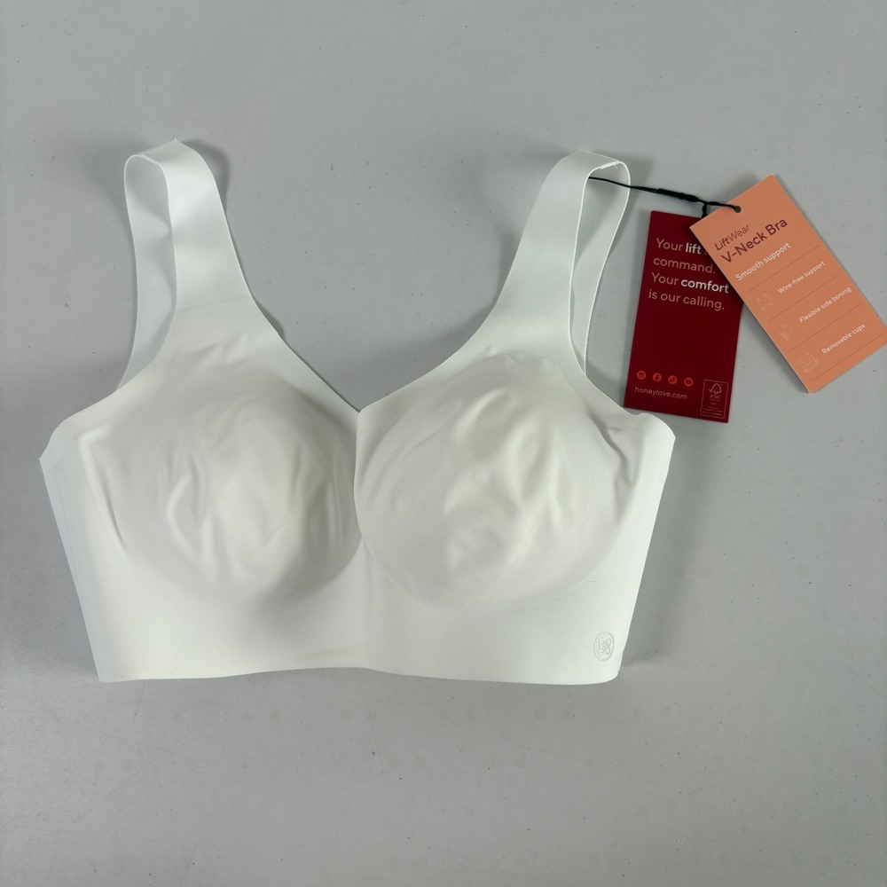 Honeylove V-Neck Bra Women S White Smooth Support Wire-Free Removable Cups NWT